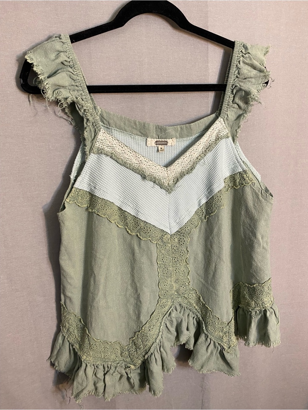 Boho Lace-Trim Green Tank Top
